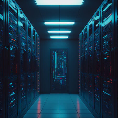 Data server racks hub room with big data computer center. Blue corridor interior for hosting storage hardware system.